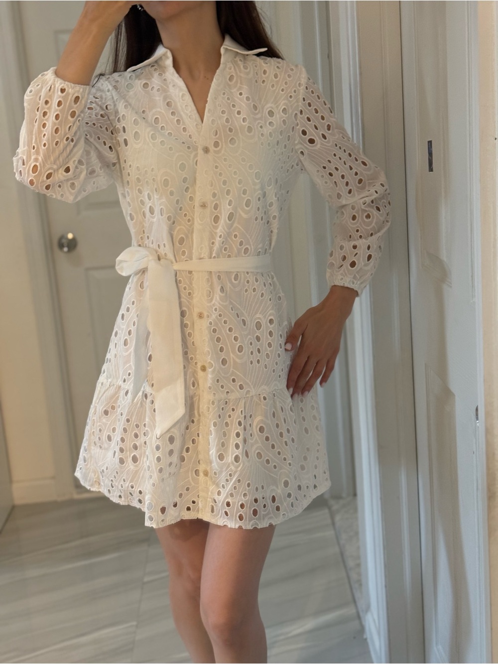 Women’s White Eyelet Shirt Dress with Tie Waist